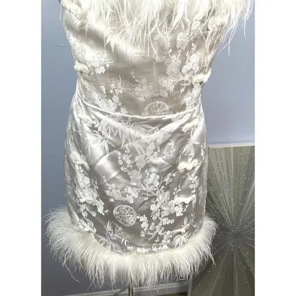 Sau Lee Jayde Sateen Jacquard Feather Hem Ivory White Mini Dress Size 14 - Picture 6 of 13